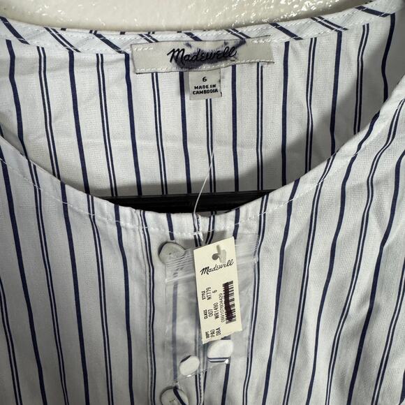 Madewell Puff-Sleeve Button-Up Top WMNS 6 Blue White Striped Crew Neck Oversized - Picture 5 of 9
